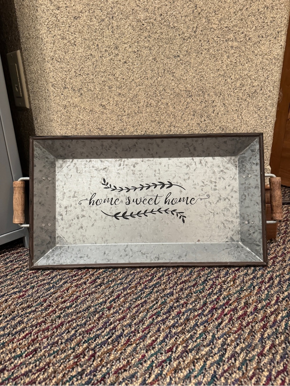 Decorative Rectangular Metal Tray with Wood Handles - 'Home Sweet Home'
